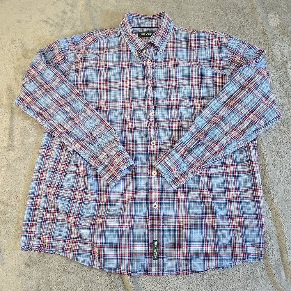 Orvis Shirt Mens XL Blue Plaid Heritage Wash Long Sleeve Button Down Gorpcore